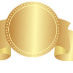 Round circle with star on top of a zigzag ribbon of golden and yellow color. PNG Transparent Logo